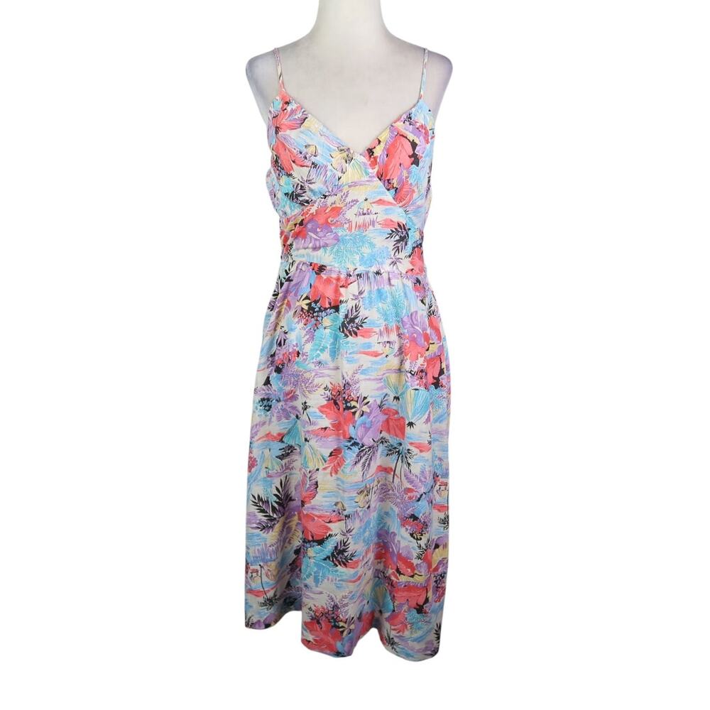 Vintage 70s Colorful Tropical Leaf Print Midi Dress S